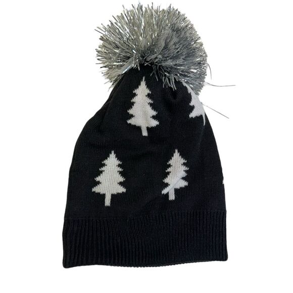 Christmas Tree Beanie Black and White Winter Hat with Silver Pom Pom - Picture 2 of 6